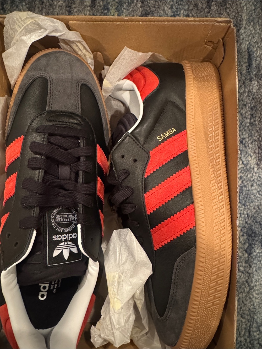 adidas Samba Sneakers — Black with Red Accents and Gum Sole - Picture 3 of 8